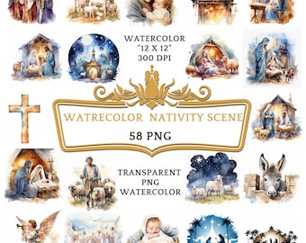 58 PNG aquarel kerststal clipart | Manger Scene Clipart Bundel voor sublimatie Poster Card Making Digitaal printen Bijbelgebaseerd verhaal