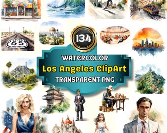 134 Watercolor Los Angeles ClipArt, Printable California PNG Images, Travel Itinerary Art Prints, USA-Themed Junk Journal and Handmade SVG