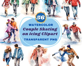 56 Winter Whimsy: Watercolor Couple Skating on Icing Clipart - Charming Frozen Fantasy Scenes for Seasonal Crafts and Decorations PNG Bundle