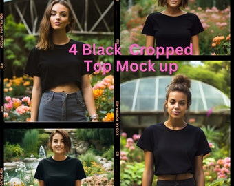 4 Black Champion Cropped Top mock up, Summer tee-shirt, Champion T453W Crop Top Mockup | White Champion Crop Top Mock Up, T-shirt mockup