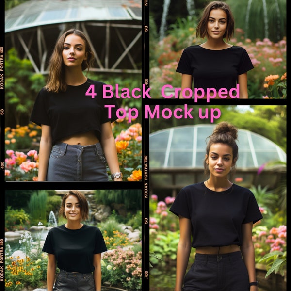 4 Black Champion Cropped Top mock up, Summer tee-shirt, Champion T453W Crop Top Mockup | White Champion Crop Top Mock Up, T-shirt mockup