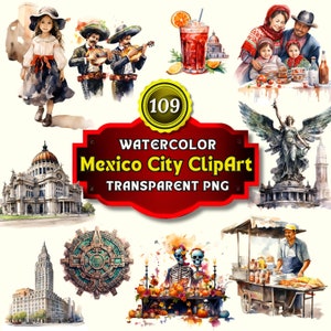 109 Watercolor Mexico City ClipArt | Mexico Artwork, Travel, Food, Traditional Design, Digital Ephemera, Card Making, Sublimation, Scrapbook
