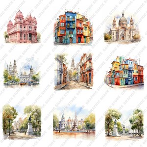 May include: A collection of nine watercolor paintings depicting various cityscapes. The paintings feature buildings, streets, and squares in a variety of styles and colors. Some of the paintings include trees, people, and vehicles.