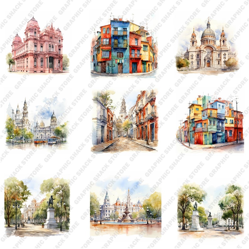 May include: A collection of nine watercolor paintings depicting various cityscapes. The paintings feature buildings, streets, and squares in a variety of styles and colors. Some of the paintings include trees, people, and vehicles.