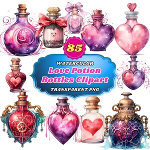 85 Watercolor Love Potion Bottles Clipart PNG Bundle, Valentine's Day Enchantment with Cupid's Brew, Angelic Themes, Heart Vials Perfume Art