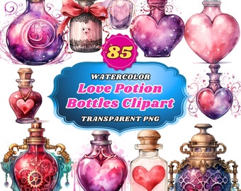 85 Watercolor Love Potion Bottles Clipart PNG Bundle, Valentine's Day Enchantment with Cupid's Brew, Angelic Themes, Heart Vials Perfume Art