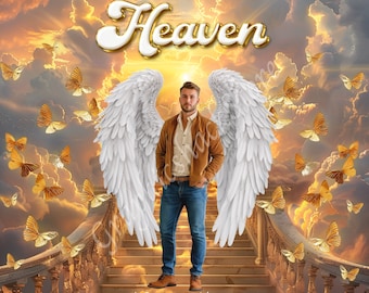 Memorial PNG, Rest in Heaven Golden Butterflies PNG & Editable Text Template,  In Loving Memory Angel Wings, Funeral T Shirt Design PNG