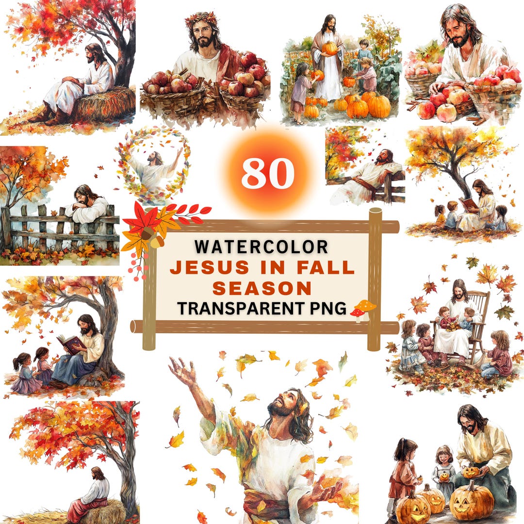 Jesus In Fall 80x Jesus in Fall Season PNG Bundle, Autumn Christian Clipart ...