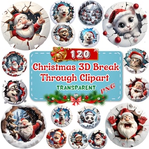 May include: A collection of 120 Christmas-themed 3D break-through clipart images. The images feature Santa Claus, animals, and winter scenes, all wearing Santa hats and emerging from cracked surfaces. The clipart is transparent PNG format.
