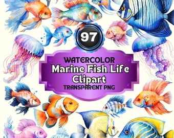 97 akwarelowych morskich ryb, clipartów, oceanicznych cudów PNG Pakiet Żywe i szczegółowe ilustracje życia morskiego do użytku edukacyjnego, dekoracji i rzemiosła