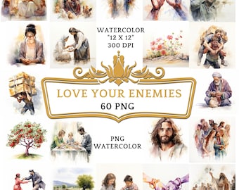 60 Watercolor Love Your Enemies Clipart | Christian Religious Bible Based Story For Scrapbooking, Junk journal Or Digital Printing