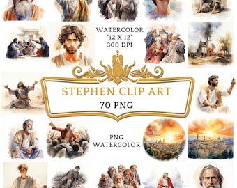 70 PNG Watercolor Stephen Clip Art | Christian Religious Bible Based Story For Sublimation, Scrapbooking Junk journal Or Digital Printing