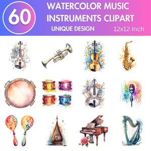 60 Watercolor Music Instruments Clipart Symphony of Shades: Artistic ...