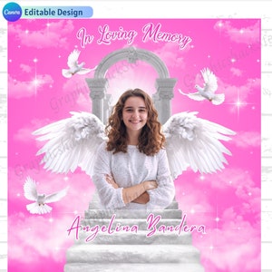 Heaven&#39;s Gate Memorial Background - Pink n Loving Memory RIP with Angel Wings, Cloud Stairs, PNG, and Design Template