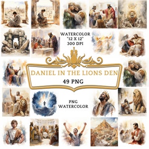 49 Watercolor Daniel In The Lions Den Clip Art | Christian Religious Bible Based Story For Scrapbooking, Junk journal Or Digital Printing