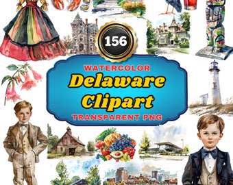 156 Watercolor Delaware PNG Clipart, First State Highlights Coastal Scenes and Historic Landmarks for Art, Decor & Education
