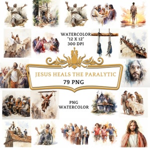 79 PNG Watercolor Jesus Heals the Paralytic Clipart | Christian Religious Bible Based Story For Sublimation, Sunday School Or Digital Print
