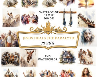 79 PNG Watercolor Jesus Heals the Paralytic Clipart | Christian Religious Bible Based Story For Sublimation, Sunday School Or Digital Print