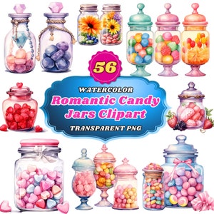 56 Clipart de potes de doces românticos em aquarela, recipientes de vidro encantadores do Dia dos Namorados cheios de corações, gráficos PNG com tema de confeitaria