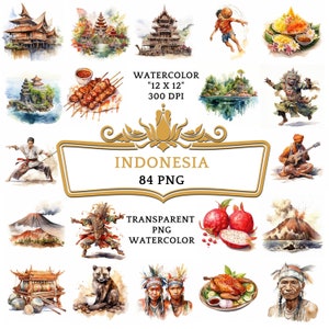 Paquete de 84 imágenes PNG de acuarela de Indonesia, viajes de verano en Indonesia, arte cultural balinés, lugares emblemáticos de Yakarta, imágenes prediseñadas de playa tropical de Bali