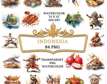 84 "Pacchetto di clipart PNG ad acquerello Indonesia, viaggi estivi in Indonesia, arte della cultura balinese, monumenti di Giacarta, clipart della spiaggia tropicale di Bali