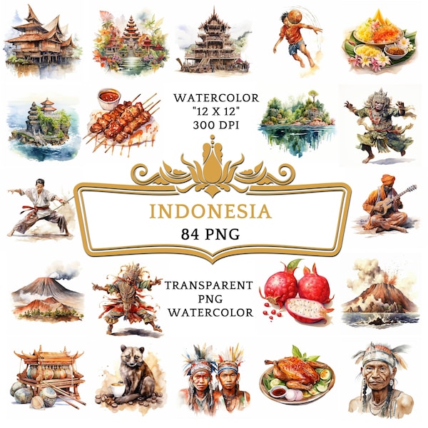 84 "aquarel Indonesië PNG ClipArt bundel, Indonesië zomerreizen, Balinese cultuur kunst, bezienswaardigheden in Jakarta, tropisch Bali clipart strand