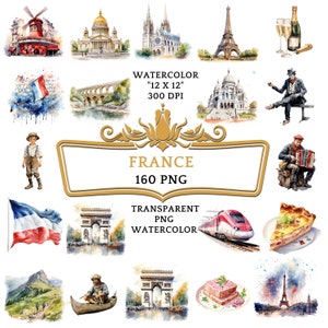 May include: A set of 160 watercolor illustrations of French landmarks, food, and culture. The illustrations include the Eiffel Tower, the Arc de Triomphe, the Notre Dame Cathedral, a baguette, a croissant, a bottle of wine, and a beret. The illustrations are all in a watercolor style and are perfect for use in scrapbooking, card making, and other craft projects.