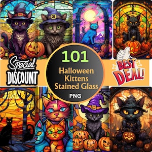 May include: A set of 101 Halloween-themed stained glass images featuring black kittens wearing witch hats and holding pumpkins. The images are perfect for crafting, scrapbooking, or decorating.