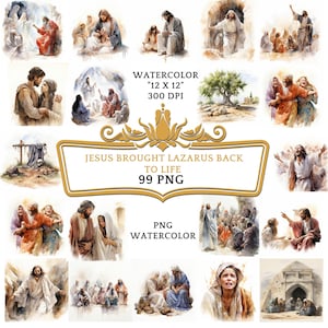 99 Watercolor Jesus Brought Lazarus Back to Life Clipart, Christian Religious Bible Based Story For Scrapbooking, Junk journal Or Printing