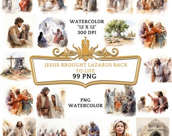 Puede incluir: Un conjunto de 99 imágenes PNG de acuarela que representan escenas de la historia bíblica de Jesús trayendo a Lázaro de vuelta a la vida. Las imágenes miden 30,5 cm por 30,5 cm y 300 DPI.