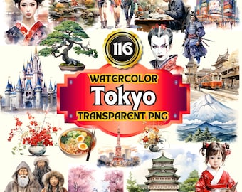 116 Watercolor Tokyo PNG ClipArt | Japanese Artwork, Travel, Food, Traditional Design, Digital Ephemera, Card Making, Sublimation, Scrapbook
