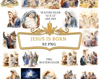 92 PNG Watercolor Jesus Is Born Clip Art | Christian Religious Bible Based Story For Sublimation, Sunday School Or Digital Printing