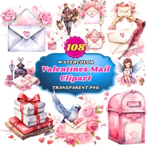 108 Aquarell Valentine's Mail Clipart Bundle. Romantische Briefe, Liebe-gestempelte Umschläge, Valentinstag-Bären und herzliche Botschaften PNG-Set