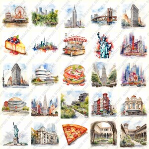 May include: A watercolor illustration of various iconic landmarks and scenes from New York City, including the Empire State Building, the Brooklyn Bridge, the Statue of Liberty, Central Park, and Times Square.