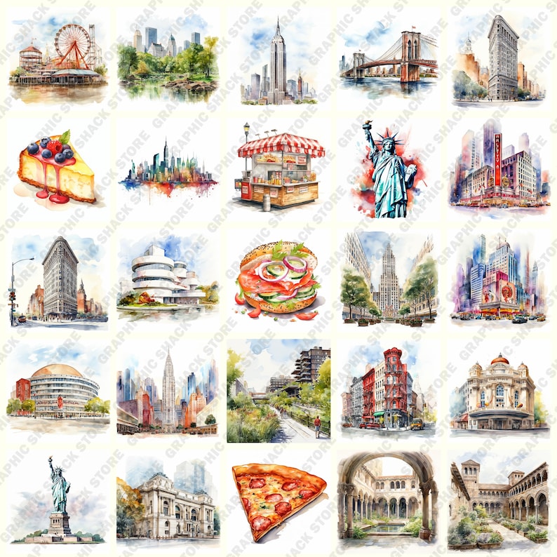 May include: A watercolor illustration of various iconic landmarks and scenes from New York City, including the Empire State Building, the Brooklyn Bridge, the Statue of Liberty, Central Park, and Times Square.