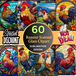 Könnte beinhalten: Ein Set mit 60 digitalen Clipart-Bildern mit Buntglas-Hähnen in verschiedenen Farben und Designs. Die Bilder sind perfekt für Sublimations-Projekte und Basteln.
