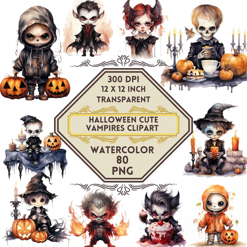 80 Watercolor Halloween Cute Vampires Clipart PNG Bundle | Cute Creepy ...
