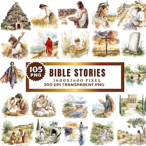 Könnte beinhalten: Eine Sammlung von 105 PNG-Aquarellillustrationen, die biblische Geschichten darstellen. Die Bilder zeigen verschiedene Szenen, darunter Figuren in biblischen Umgebungen, Landschaften und religiöse Symbole. Der Text "BIBLE STORIES" ist deutlich sichtbar.