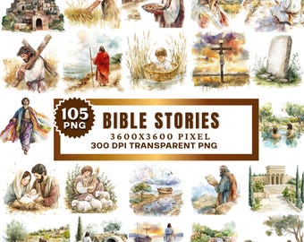 105x Bible Stories Clipart Bundle, Watercolor Christian Religious PNG, Old and New Testament Graphics, Sunday School Scripture Illustration