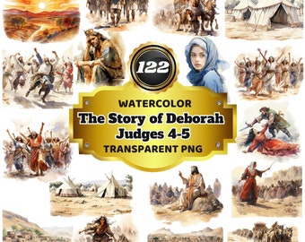 122 Watercolor Cliparts of The Story of Deborah - Judges 4-5 - Inspirational Biblical Illustrations for Education & Art Projects