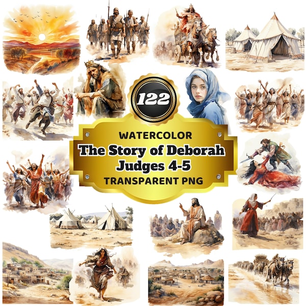 122 Watercolor Cliparts of The Story of Deborah - Judges 4-5 - Inspirational Biblical Illustrations for Education & Art Projects