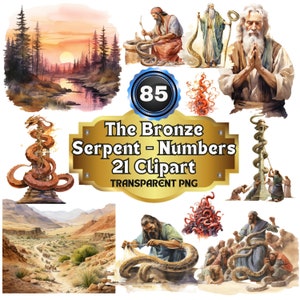 Könnte beinhalten: Ein Set mit 21 Clipart-Bildern, die die biblische Geschichte der Bronzeschlange darstellen. Die Bilder zeigen verschiedene Szenen, darunter einen Mann, der eine Bronzeschlange herstellt, Menschen, die die Schlange auf einem Pfahl betrachten, und eine feurige Schlange. Die Bilder sind im Aquarellstil gehalten und haben einen Vintage-Charakter.