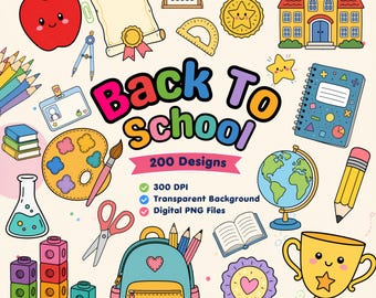 200x Back to School Clipart, Cute Teacher Classroom PNG Bundle, Yearbook Student Doodles Art, Preschool Kindergarten Elementary Graphics