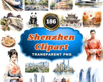 186 Clipart ad acquerello di Shenzhen, serie Urban Splendor: vibrante paesaggio urbano cinese, illustrazioni di punti di riferimento per progetti artistici, decorativi e didattici