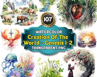 107 Watercolor Cliparts of the Creation of the World - Genesis 1-2 - Inspirational Biblical Illustrations for Education & Decor And Craft
