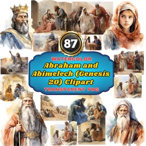 May include: Watercolour clipart set of Abraham and Abimelech from the Bible story in Genesis 20. The set includes 10 images of various scenes from the story, including Abraham speaking with Abimelech, Sarah being taken to Abimelech's palace, and Abraham praying.