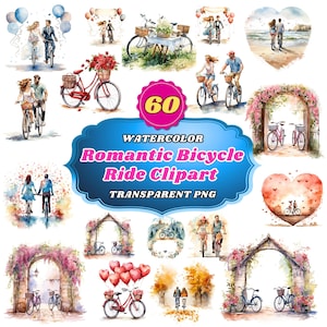 60 Watercolor Romantic Bicycle Ride Clipart, Pedal of Love: Idyllic Cycling Dates and Whimsical Love Adventures for Sweet Art Projects