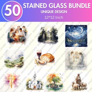 May include: A set of 50 stained glass designs, each measuring 12 inches by 12 inches. The designs feature a variety of religious themes, including a cross, a church, a gate, a loaf of bread, a glass of wine, angels, and a shepherd with sheep.