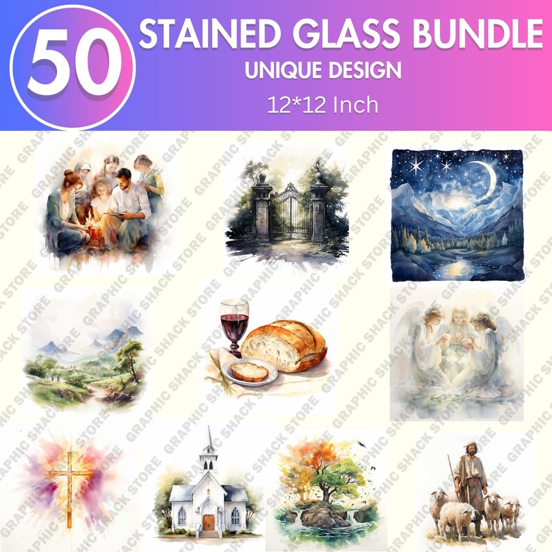 May include: A set of 50 stained glass designs, each measuring 12 inches by 12 inches. The designs feature a variety of religious themes, including a cross, a church, a gate, a loaf of bread, a glass of wine, angels, and a shepherd with sheep.