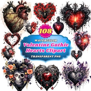 May include: A set of 12 watercolor gothic heart clipart images. The hearts are in various styles, including anatomical, skeletal, and floral. The hearts are all in shades of red, black, and white.